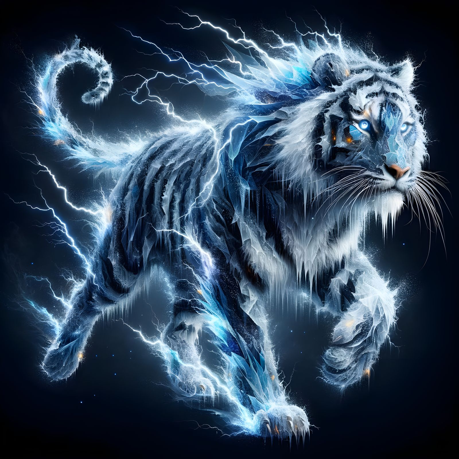 Electric Tiger Emerges from Dark Icy Storm