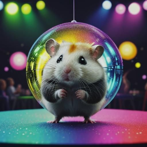 Hamster Party with Disco Ball, Hyperrealistic Art