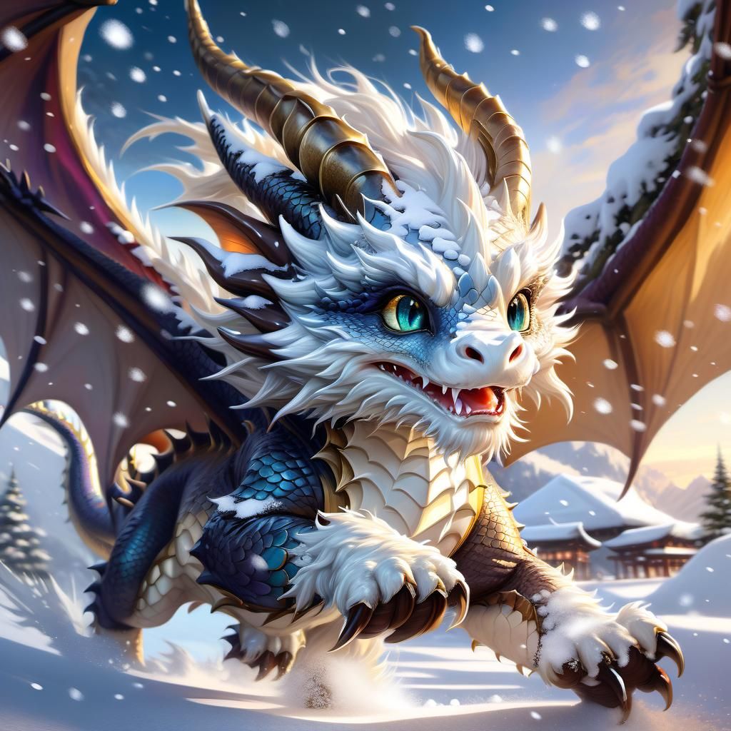 Adorable Dragon Running Through Snow, Anime Style