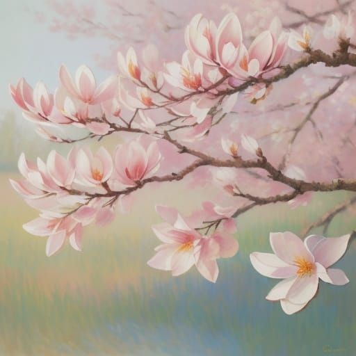 Impressionist Oil Painting of a Blooming Magnolia Tree