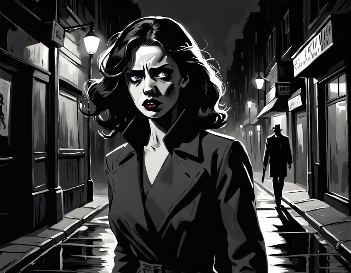 Scared Woman Followed on Dark Street, Noir Comic