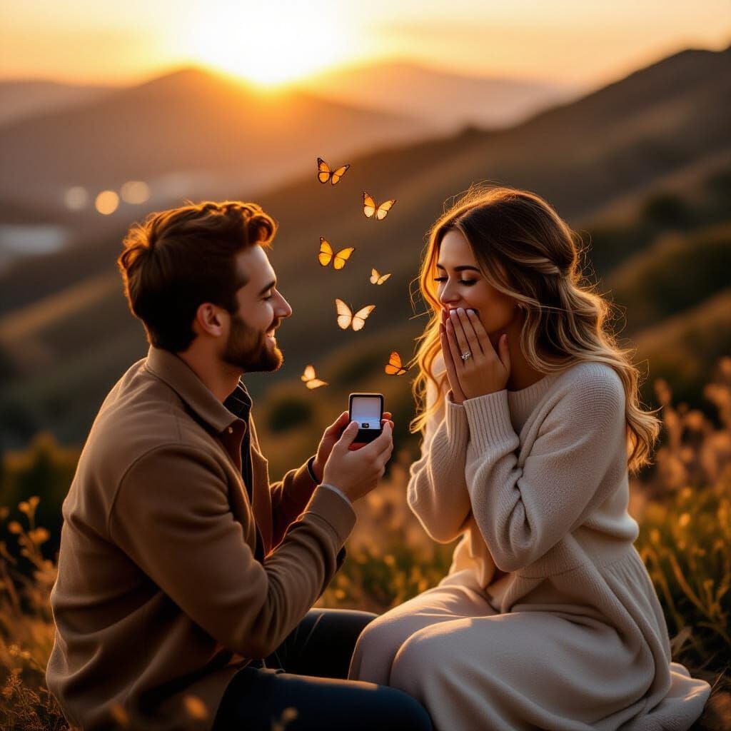 Romantic Sunset Proposal on Hill with Butterflies