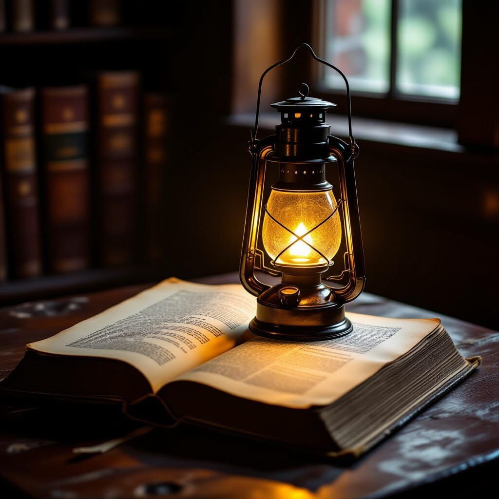 Brass Lantern Illuminates Ancient Book in Realistic Oil Pain...