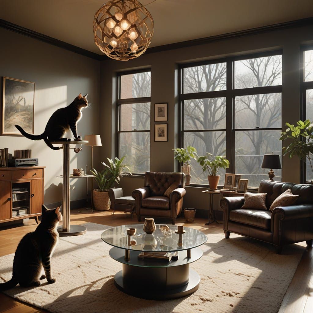 Whimsical Felines in Sunlit Living Room, Cinematic Film Stil...
