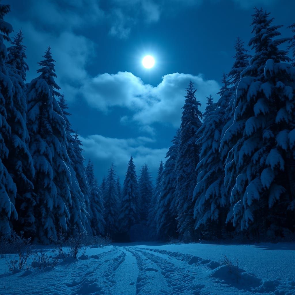 Moonlit Winter Forest Scene in Realistic Style