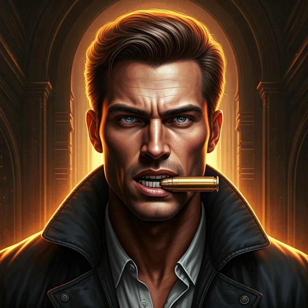 Man Bites Bullet in Futuristic Cinematic Scene