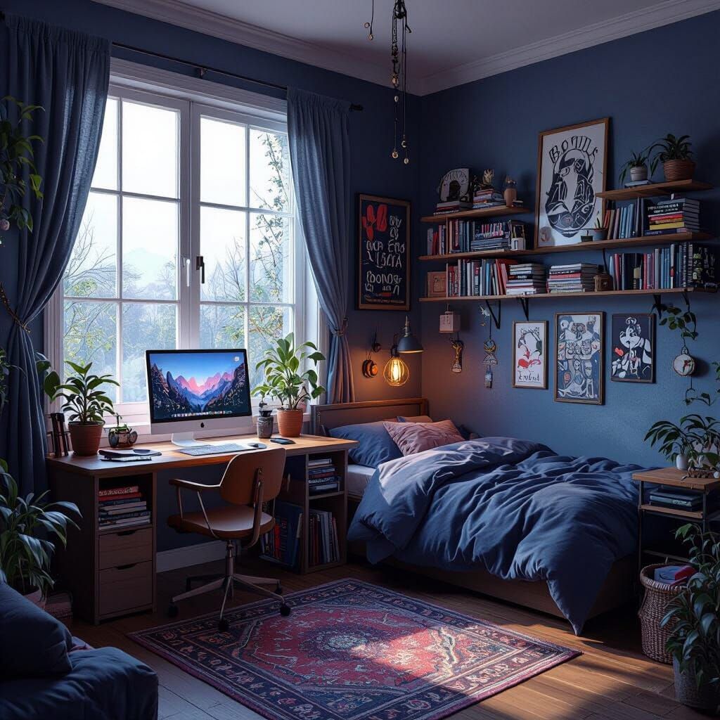 Cozy Boho Gothic Couple's Room with Computers