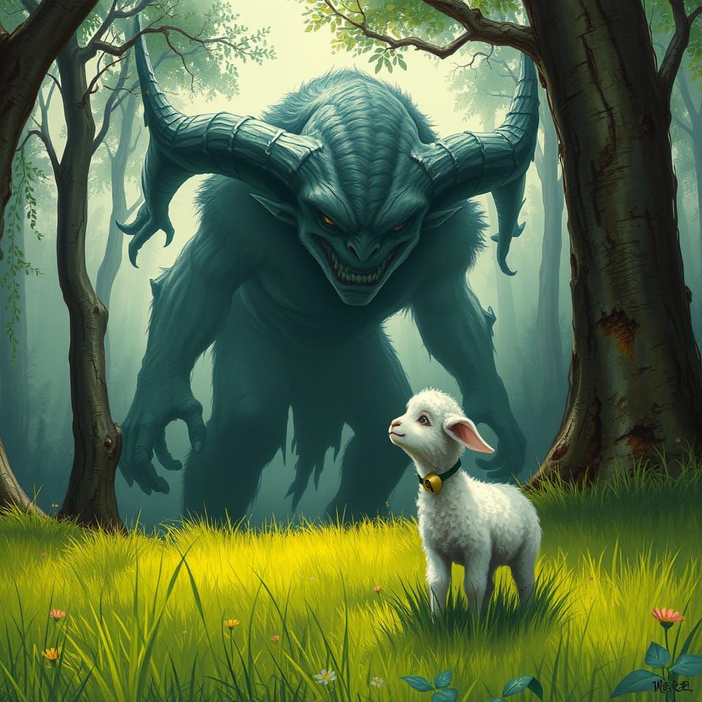 Ominous Ogre Shadow Scares Lamb in Meadow