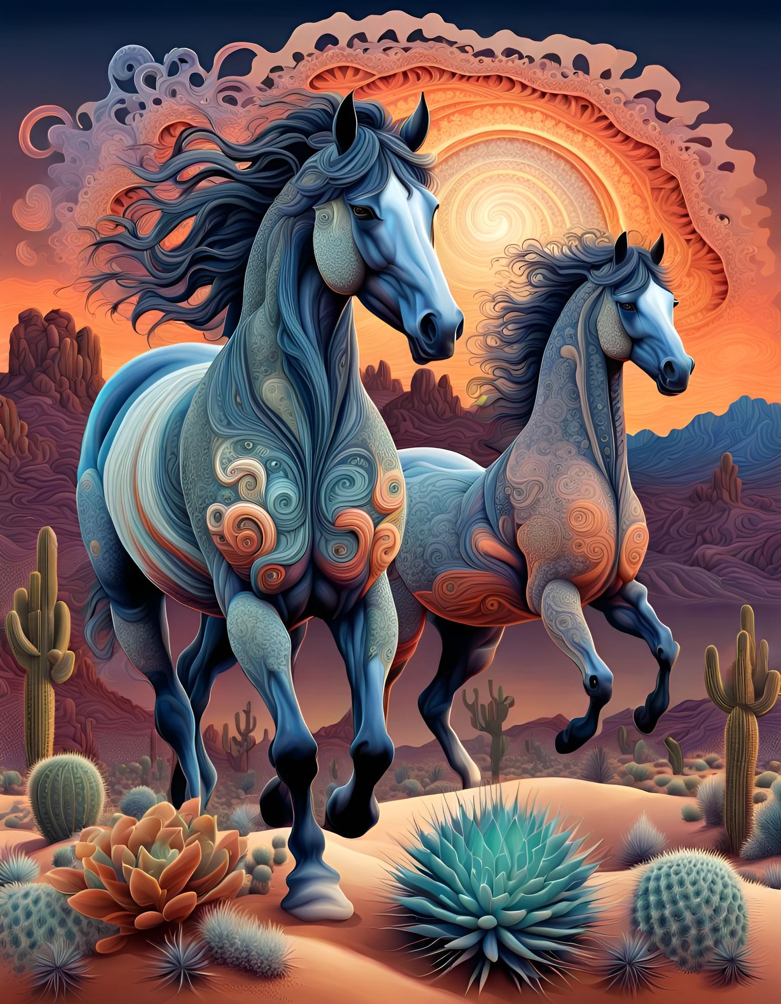 Ornate Wild Horses in Desert Twilight