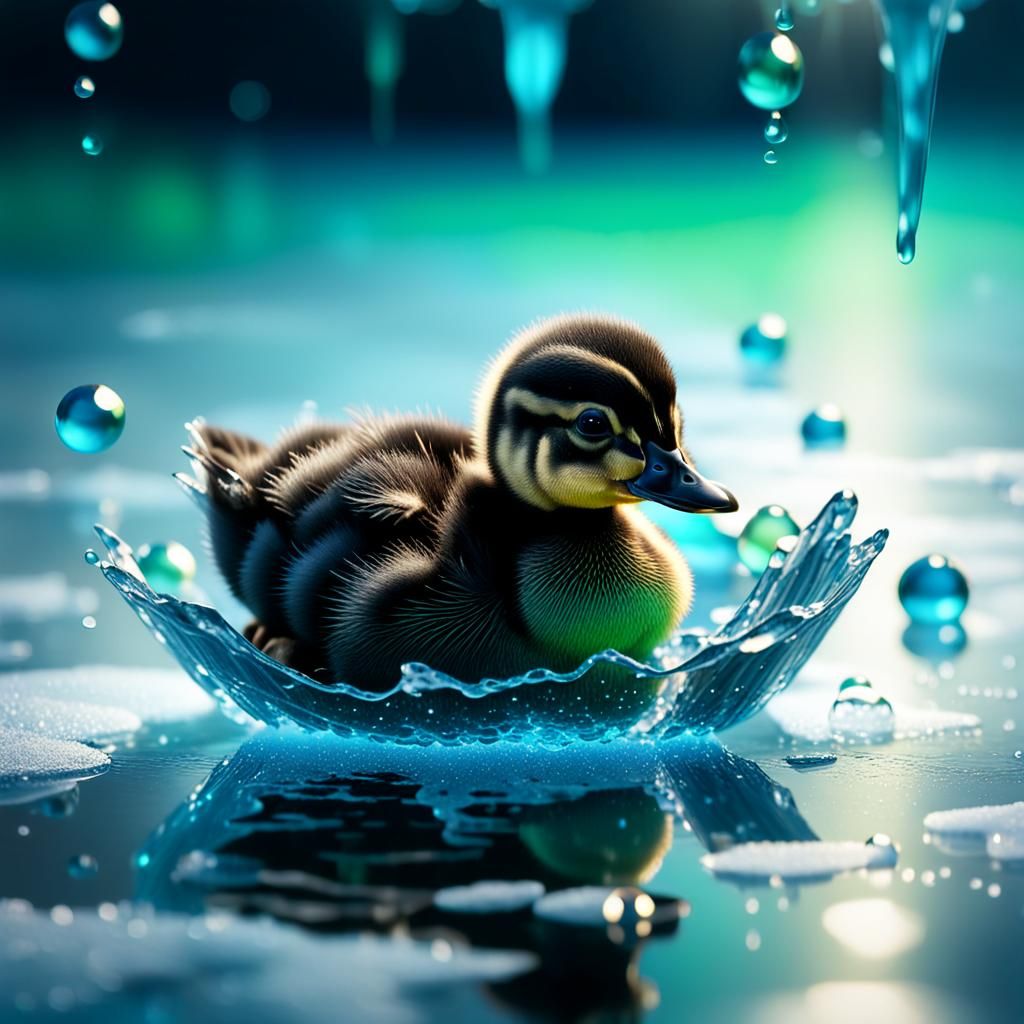 Black Duckling Swimming on Ice: 3D Digital Art