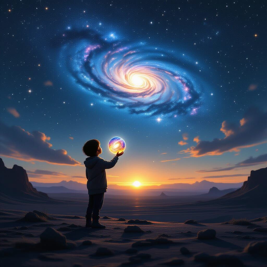 Child Holds Galaxy Orb Under Starry Sky