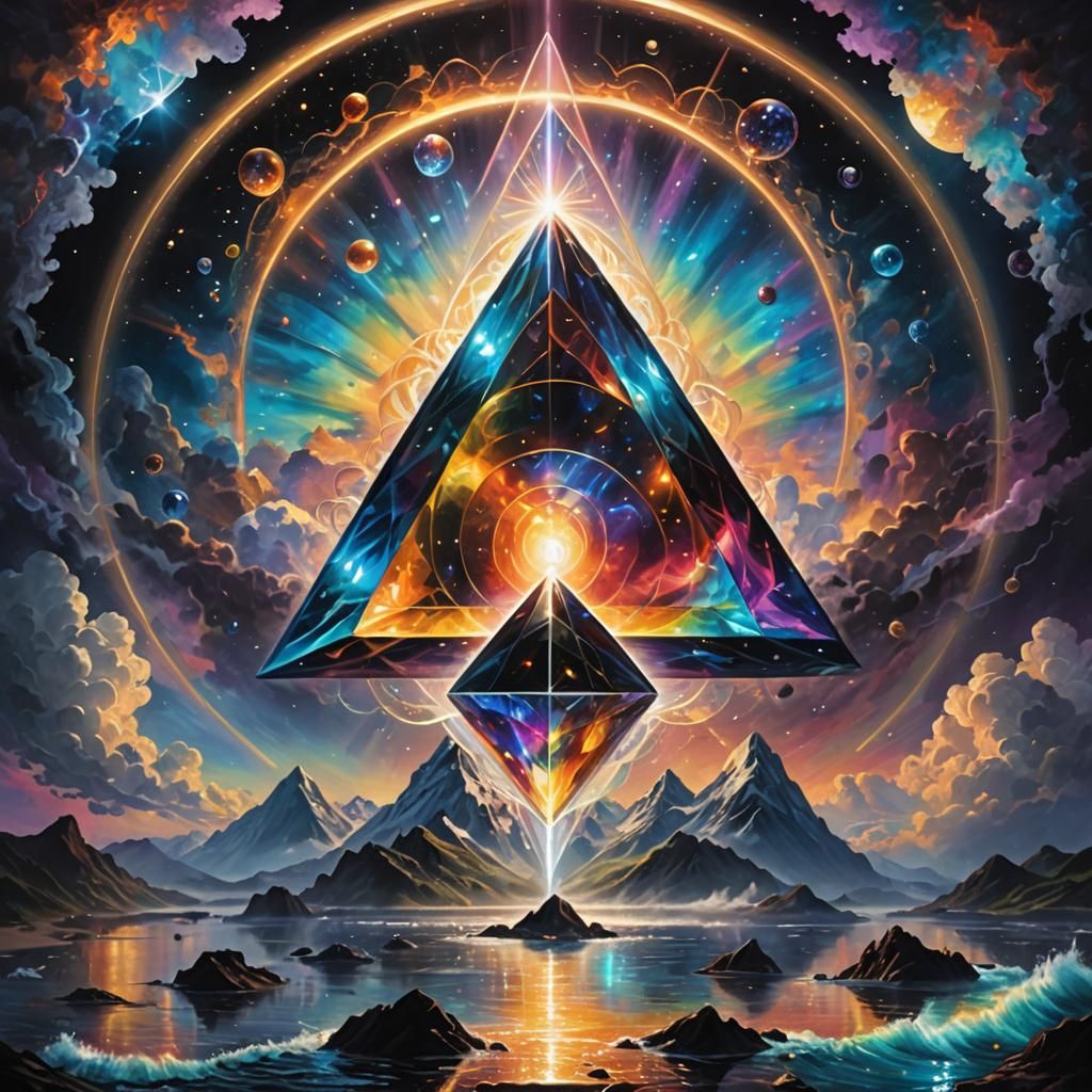 Iridescent Tetrahedron Lounging in Divine Sky, 8K