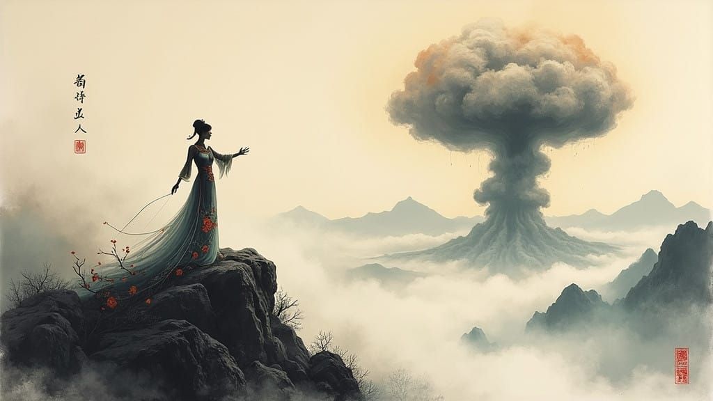 Haunting Chinese Ink Painting of Opera Soprano in Despair Am...