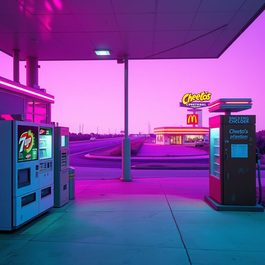 Surreal Highway Oasis in Retro 80s Aesthetic
