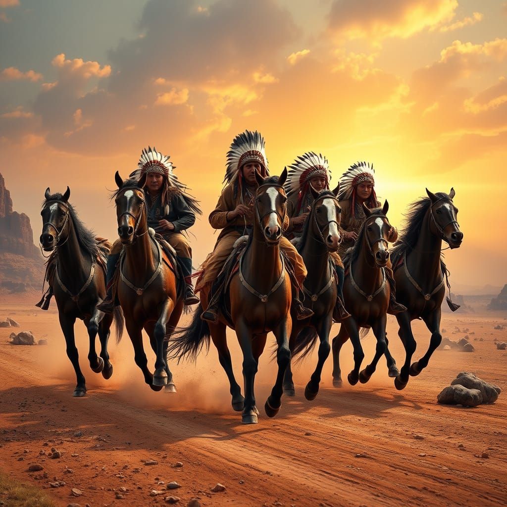 Realistic Native American Indians Ride Horses Across the Ame...