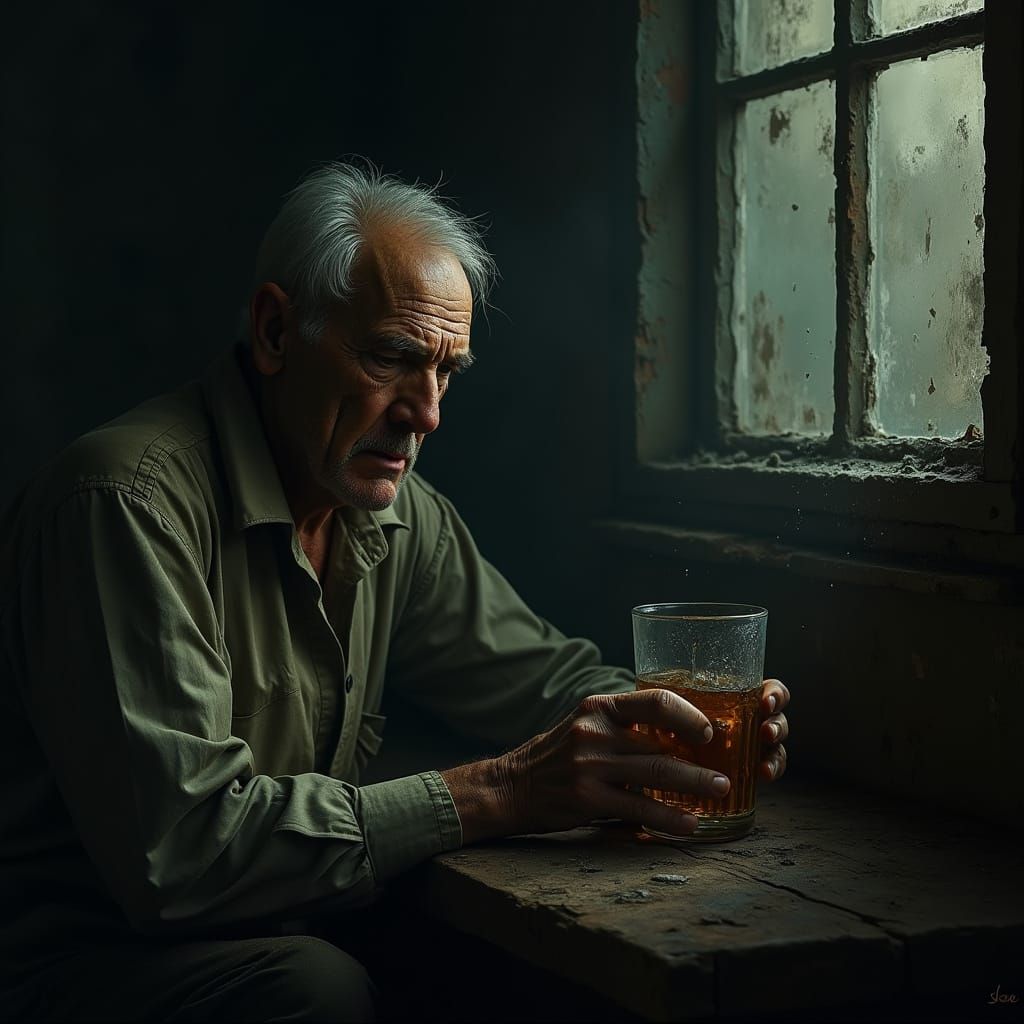Grizzled Man Drinks Alone in Dimly Lit Bar