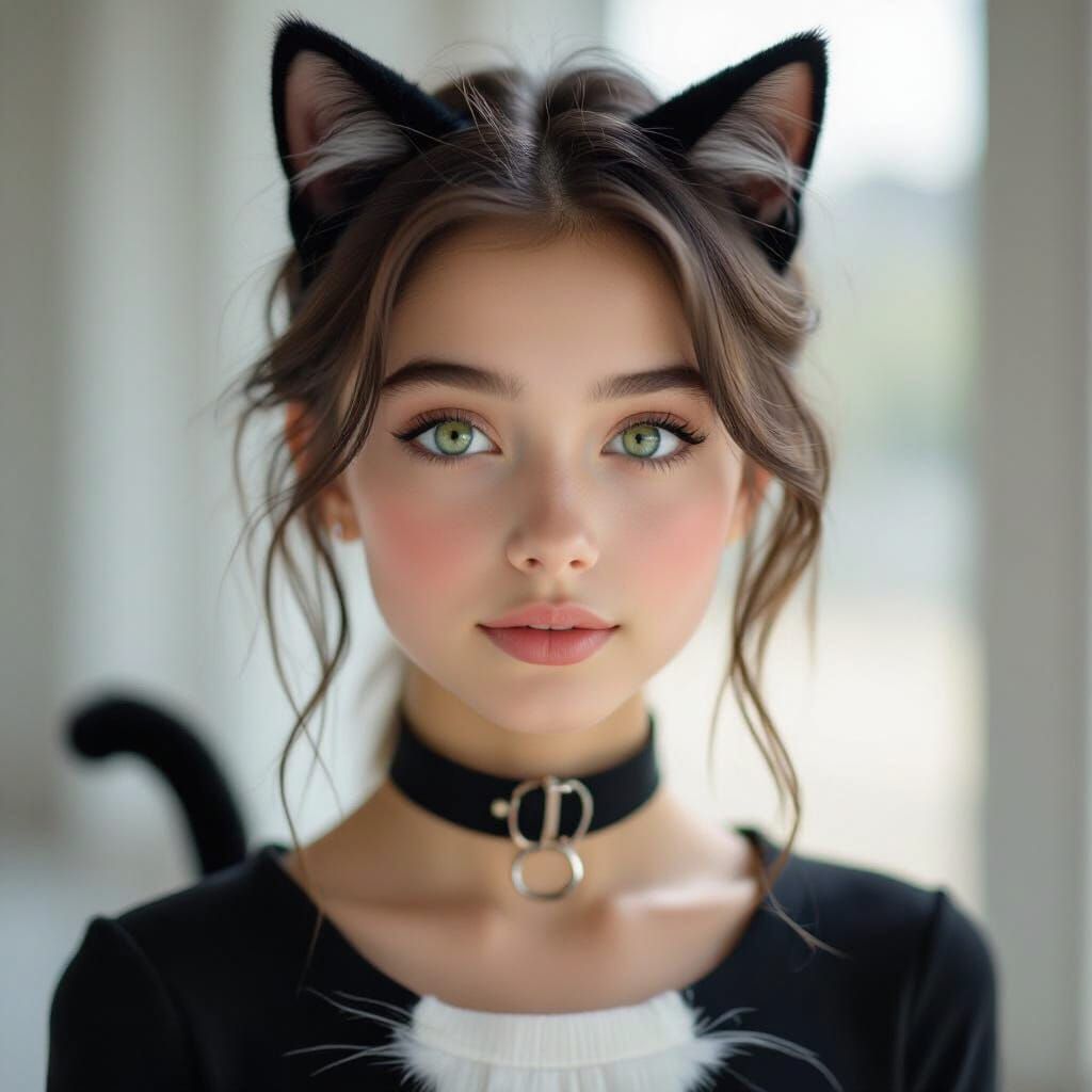Teenage Girl in Cat Costume with Green Eyes
