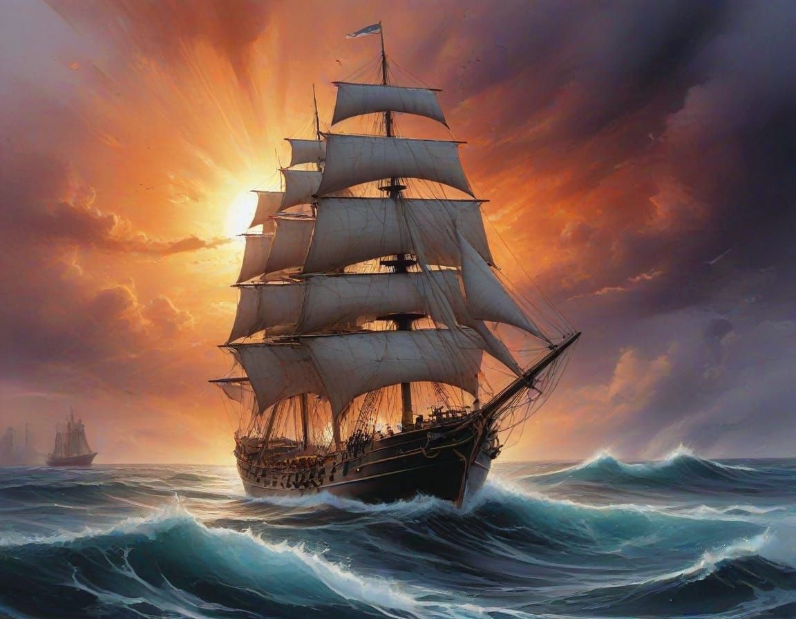 Stormy Seas: Ship Battles Waves at Fiery Sunset