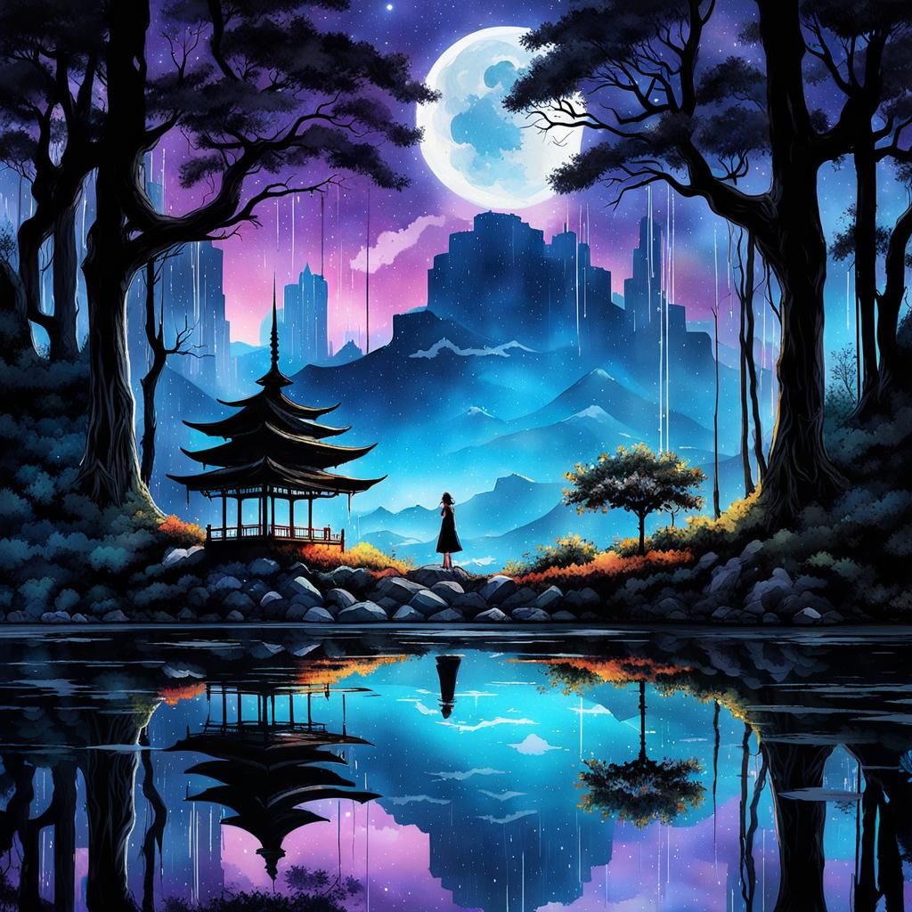 Anime Landscape with Sun, Moon, and Architecture