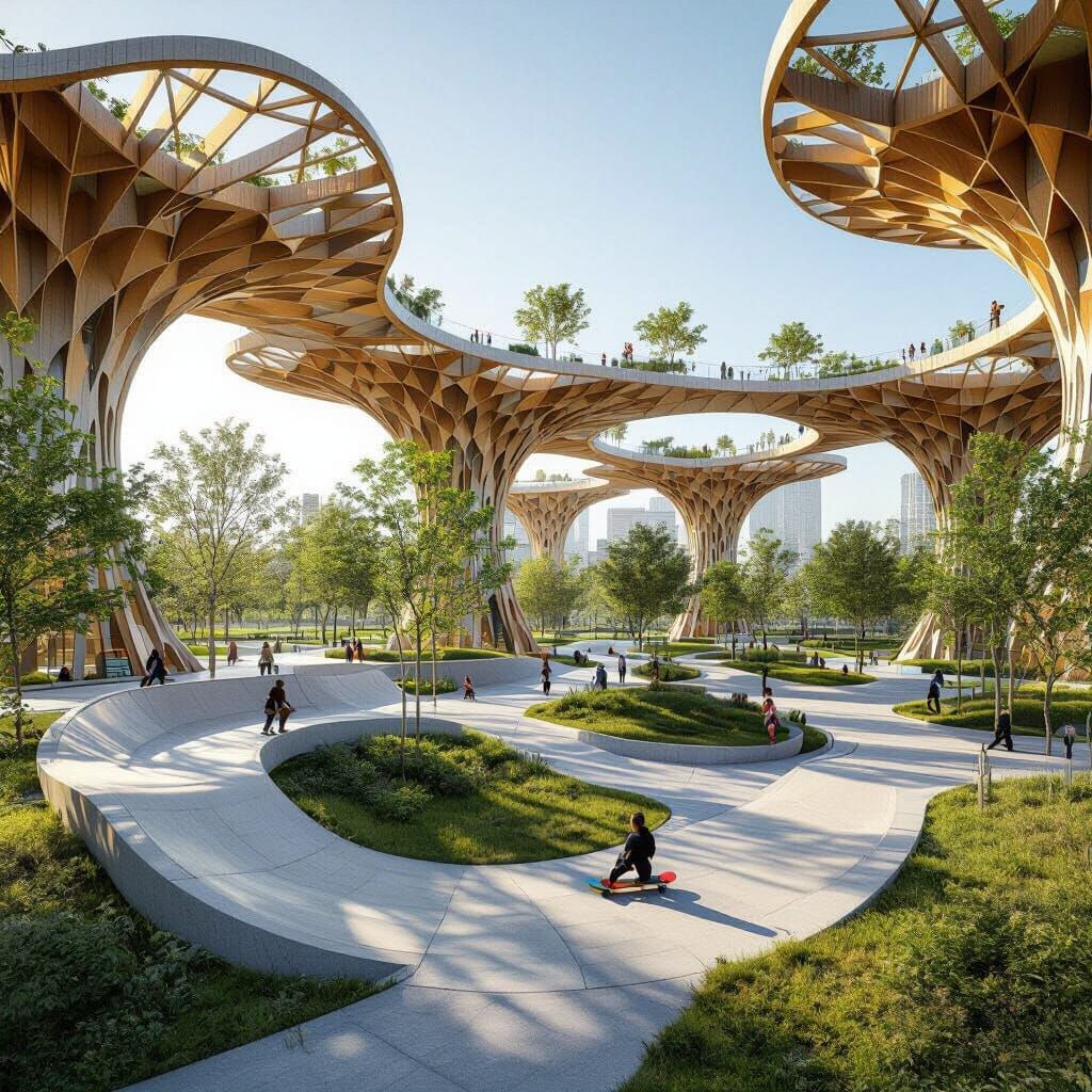 Futuristic Urban Park with Elevated Skate Track