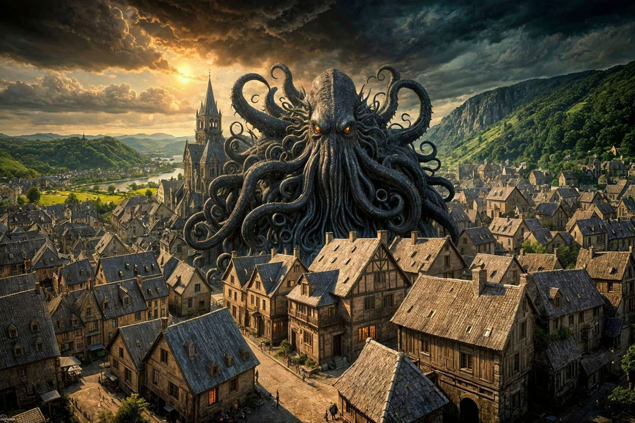 Cthulhu Attacks French Village: Detailed Matte Painting
