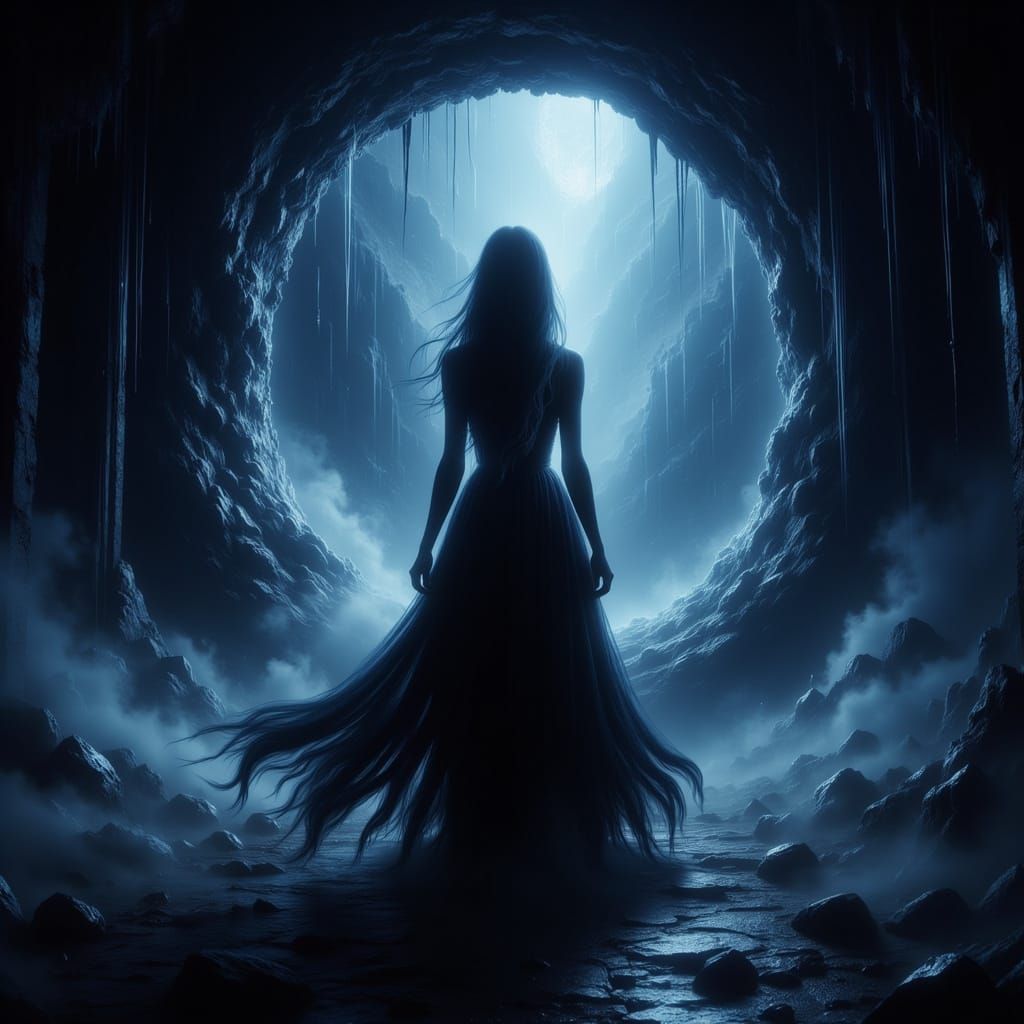 Ethereal Witch Stands at Threshold of Dark Magic Portal