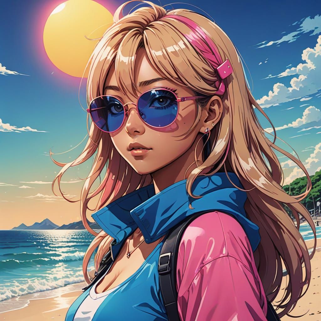 Vibrant Gyaru Girl Basks in Beach Sunset