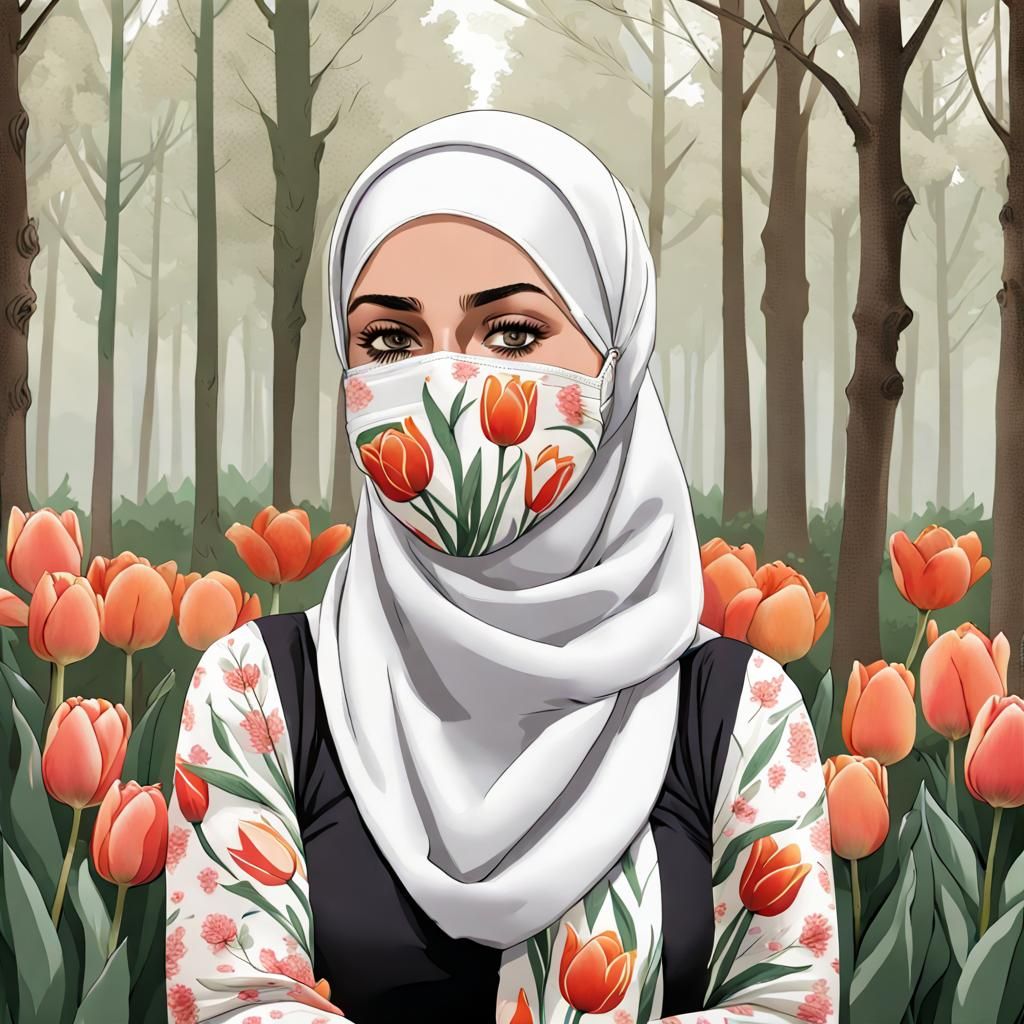 German Woman in Hijab Walking with Tulips