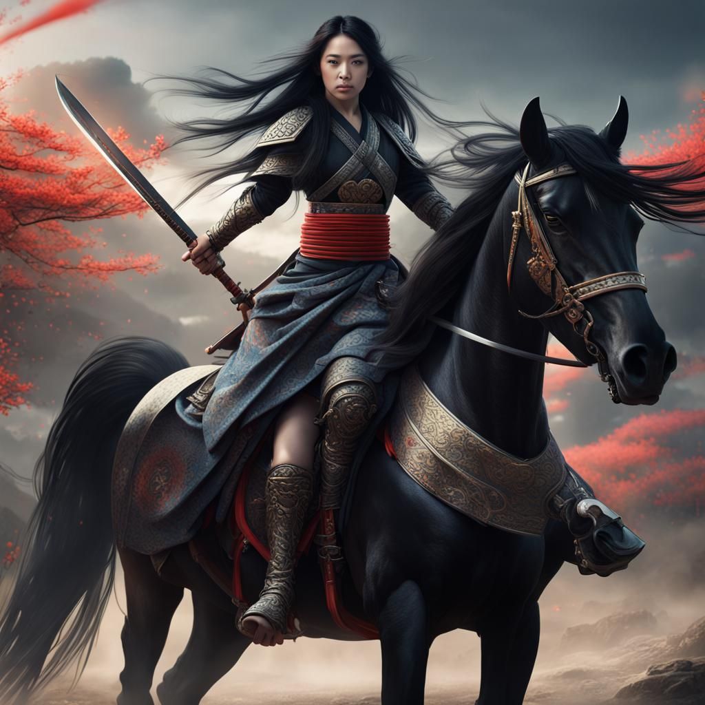 Samurai Woman Riding a Black Horse