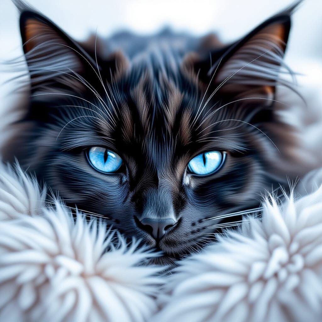 Velvet Fur Animal with Azure Eyes in Watercolor Style