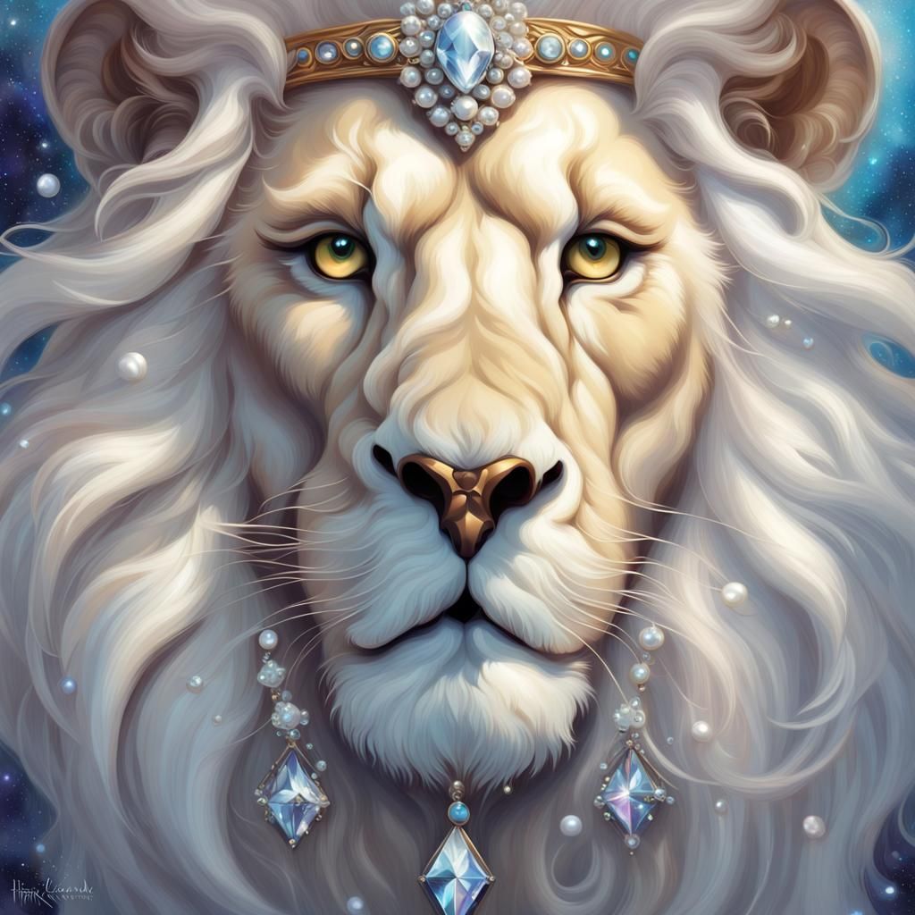 Gem-Encrusted White Lion in Detailed Digital Painting