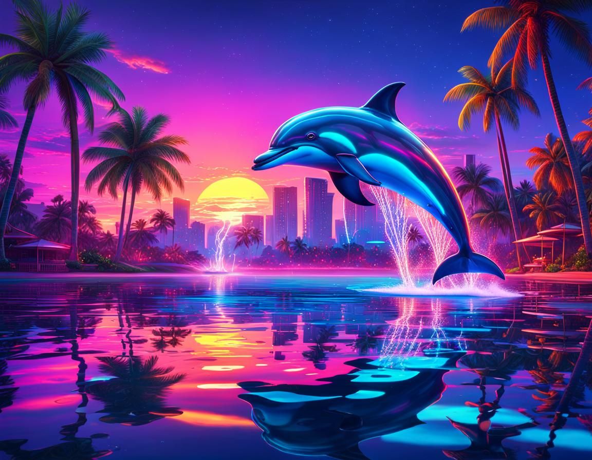 Neon Dolphin Leaps in Miami Sunset
