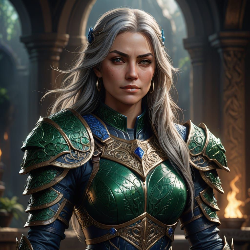 Grey Haired Warrior Goddess in Elegant Leather Armor