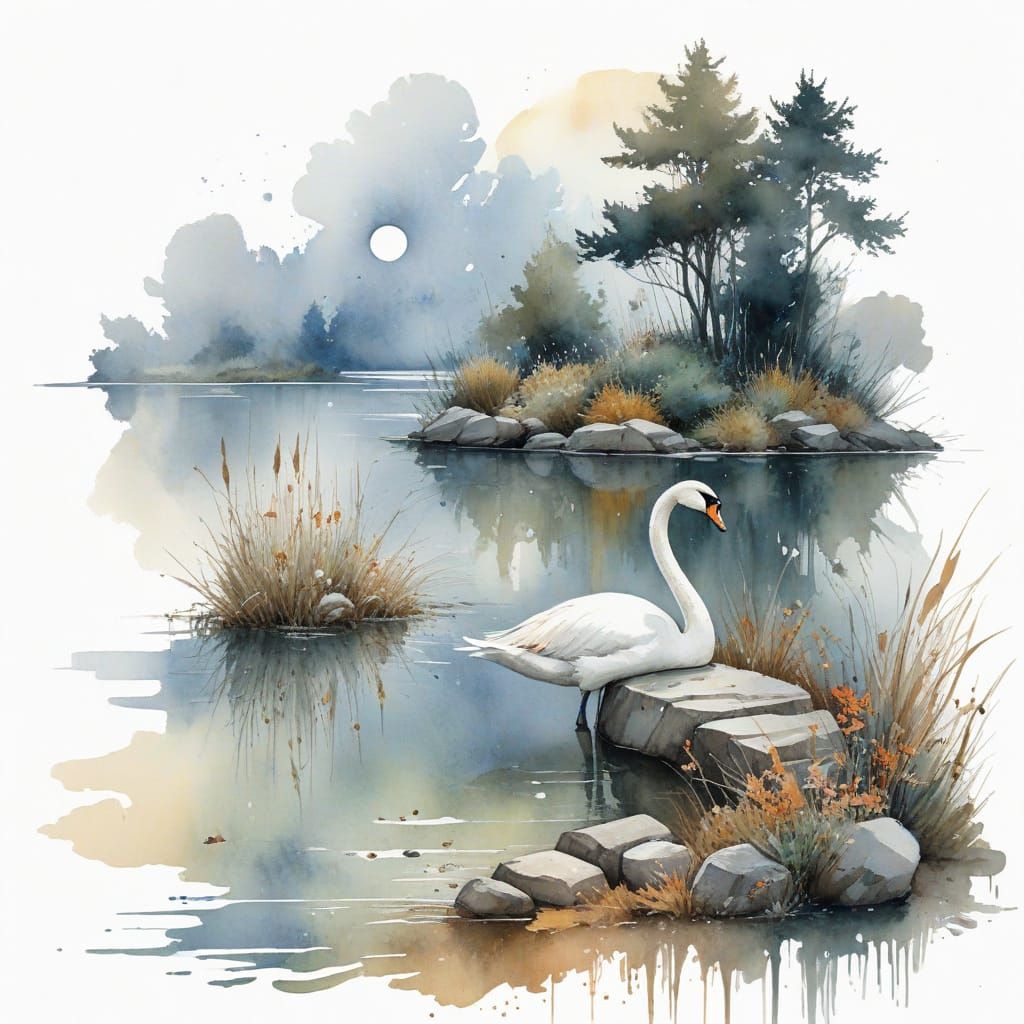 Autumn Serenity: Swan by Lake at Twilight