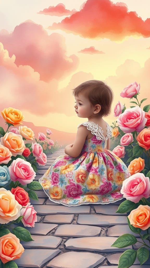 Whimsical Child in Enchanted Rose Garden with Pastel Clouds