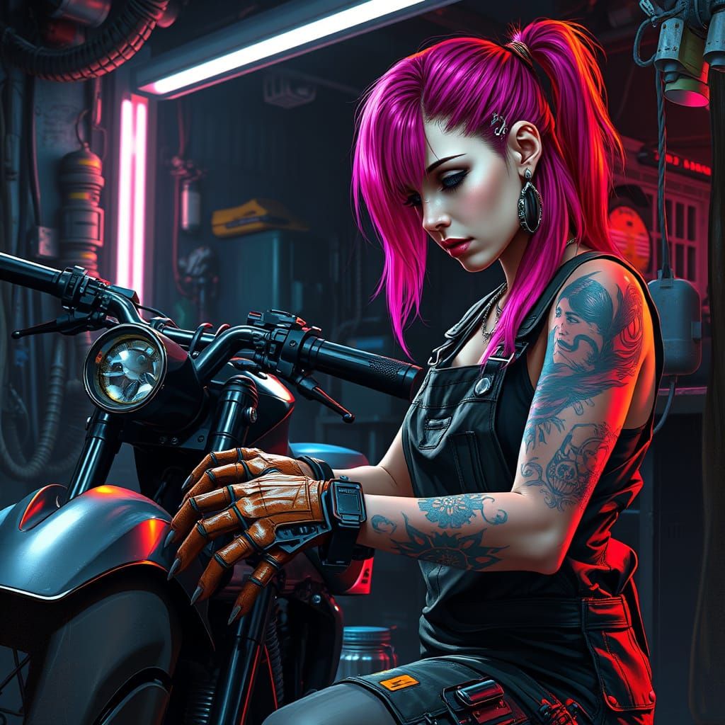 Cyberpunk Mechanic Repairs Hoverbike in Neon Garage