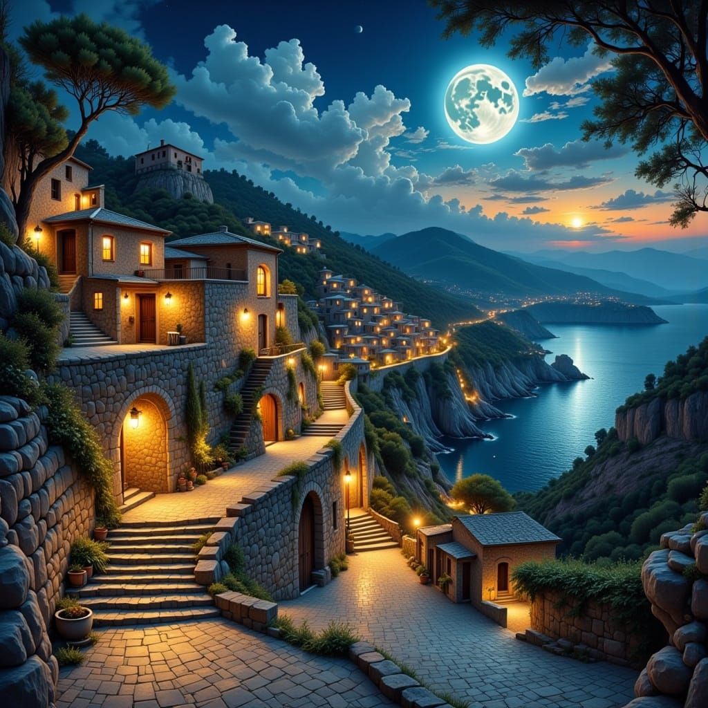Twilight Village in Southern Italy, Coastal Life Ambiance