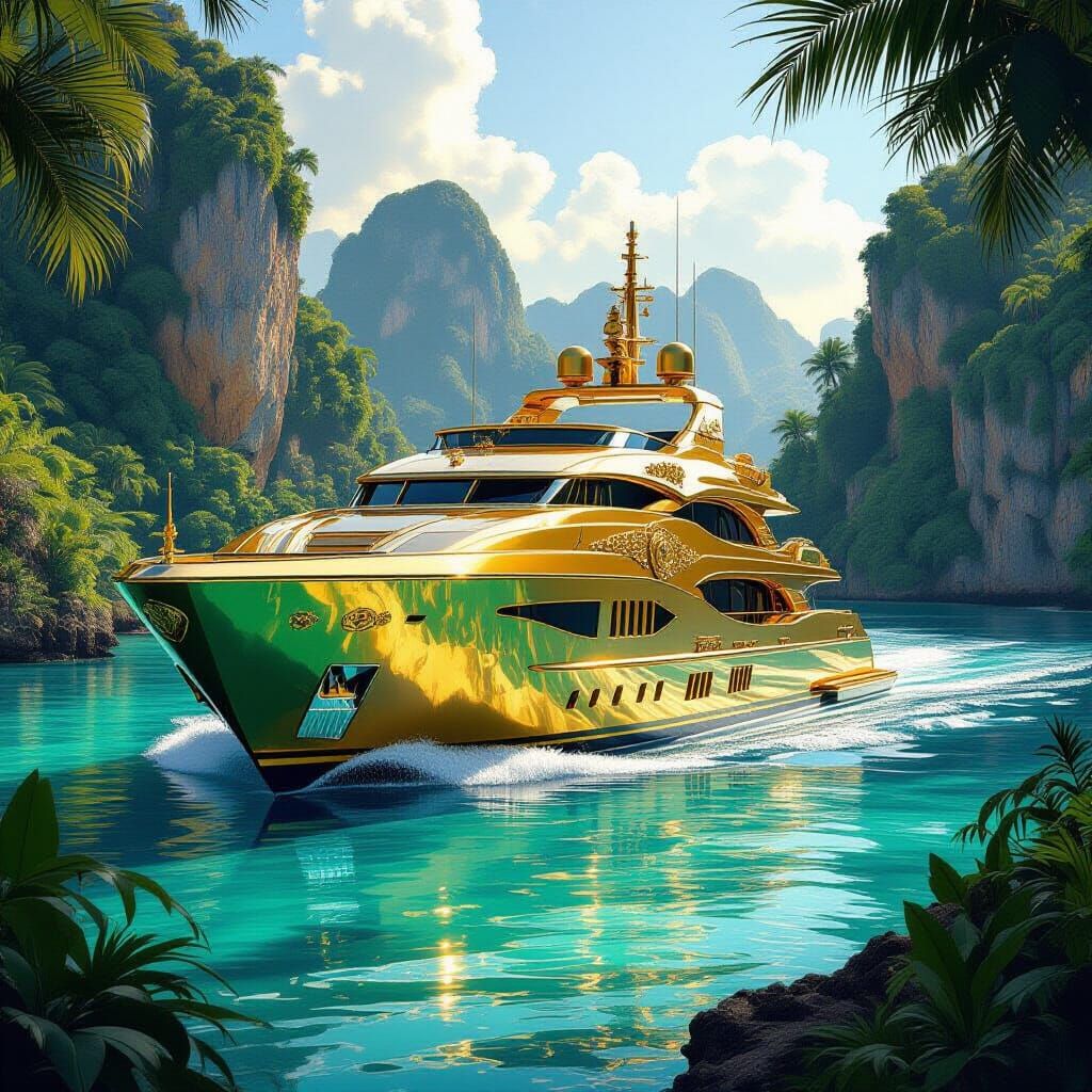 Golden Art Deco Yacht in Tropical Lagoon