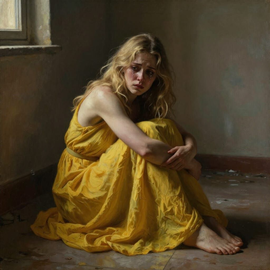 Heartbroken Woman in Sunlit Room, Dramatic Oil Painting