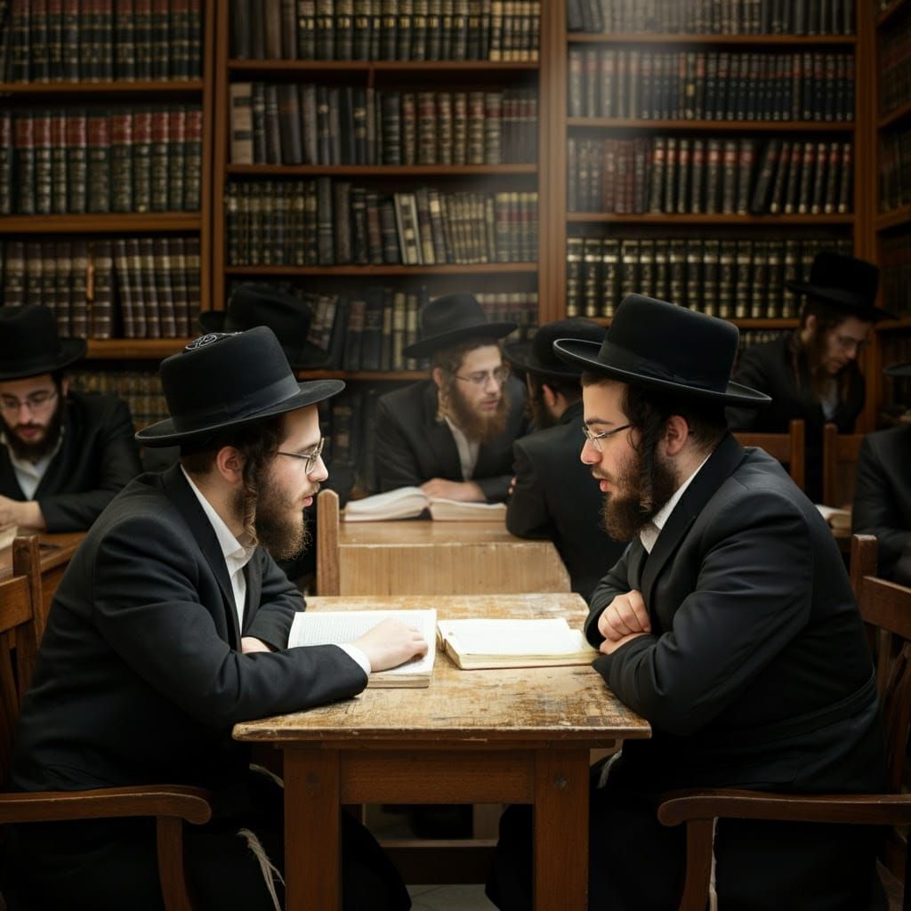Haredi Scholars in Fervent Talmud Study, Illuminated by Soft...