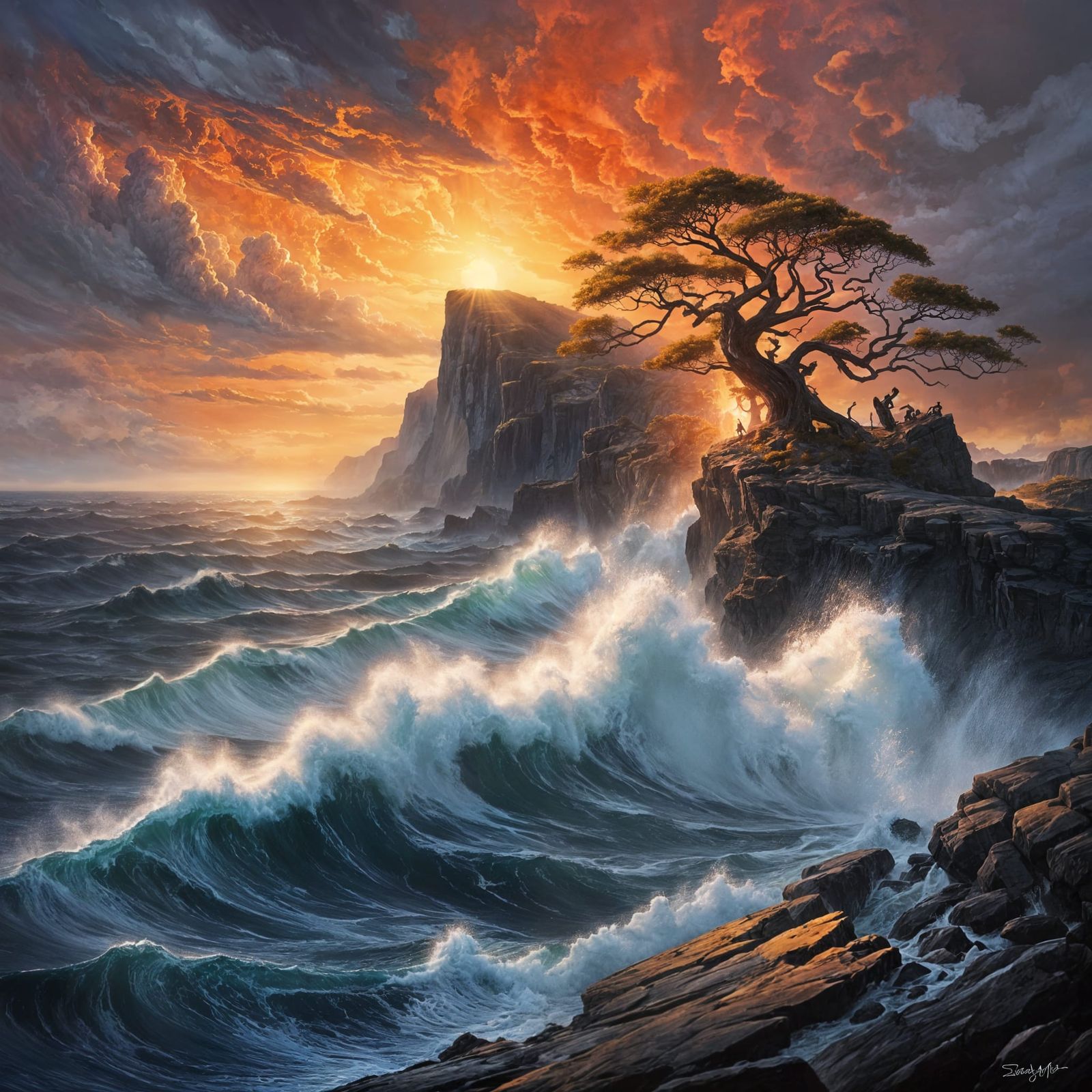 Massive Cliff Overlooking Sea at Fiery Sunset