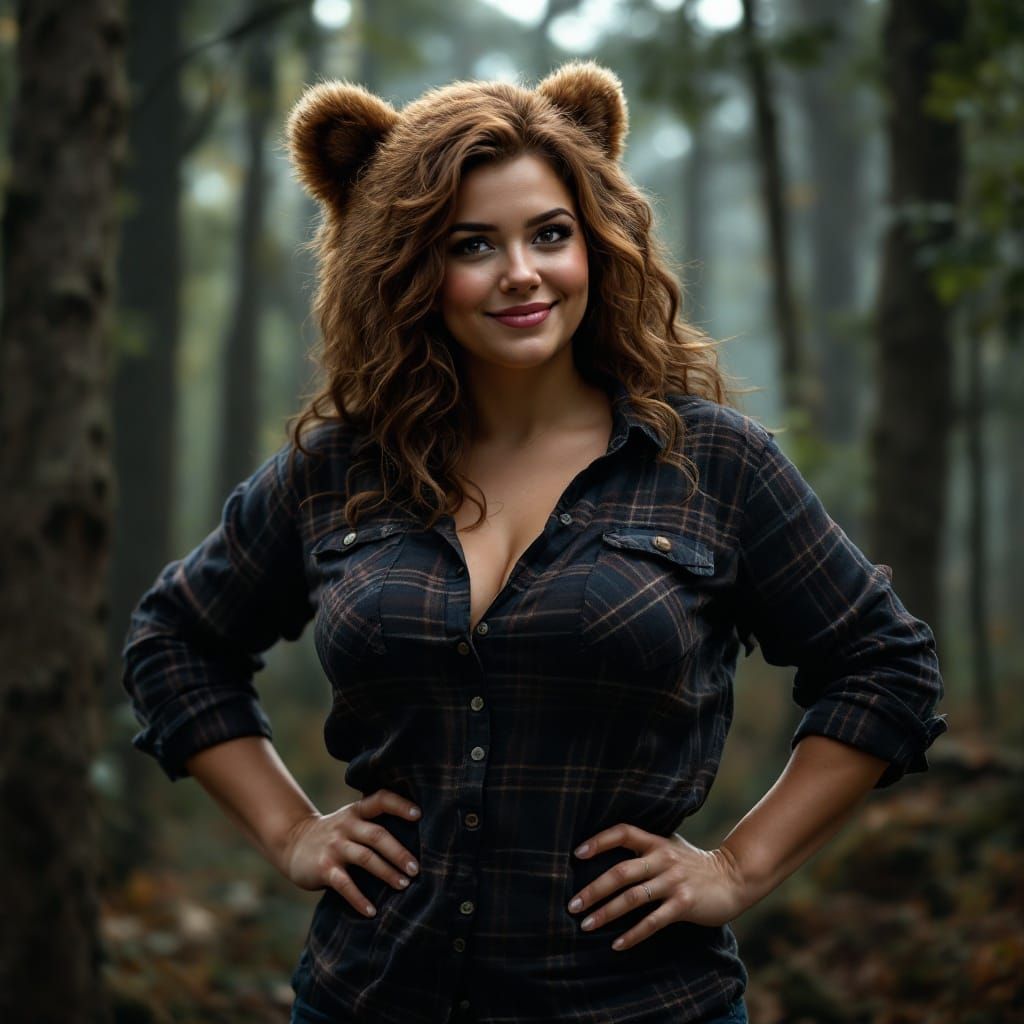 Woman Transforms into Bear in Forest, Hyperrealistic Art