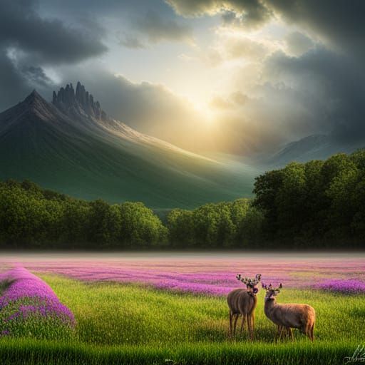 Idyllic Meadow Scene with Birds, Deer and Flowers