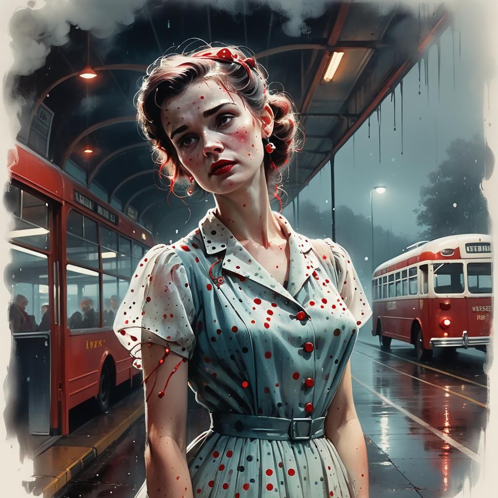 Eerie 1950s Housewife at Misty Bus Station