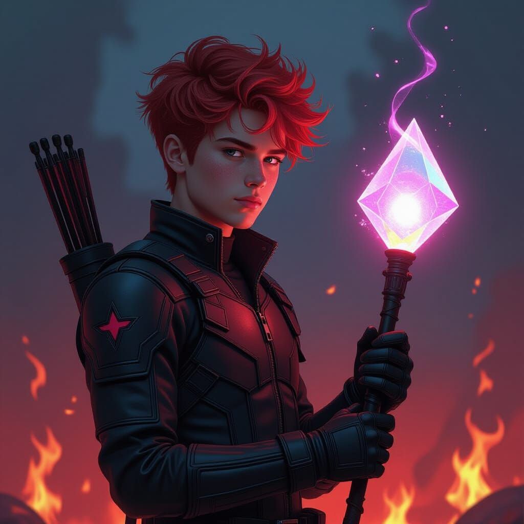 Teen with Prism Staff in Fiery Dreamscape