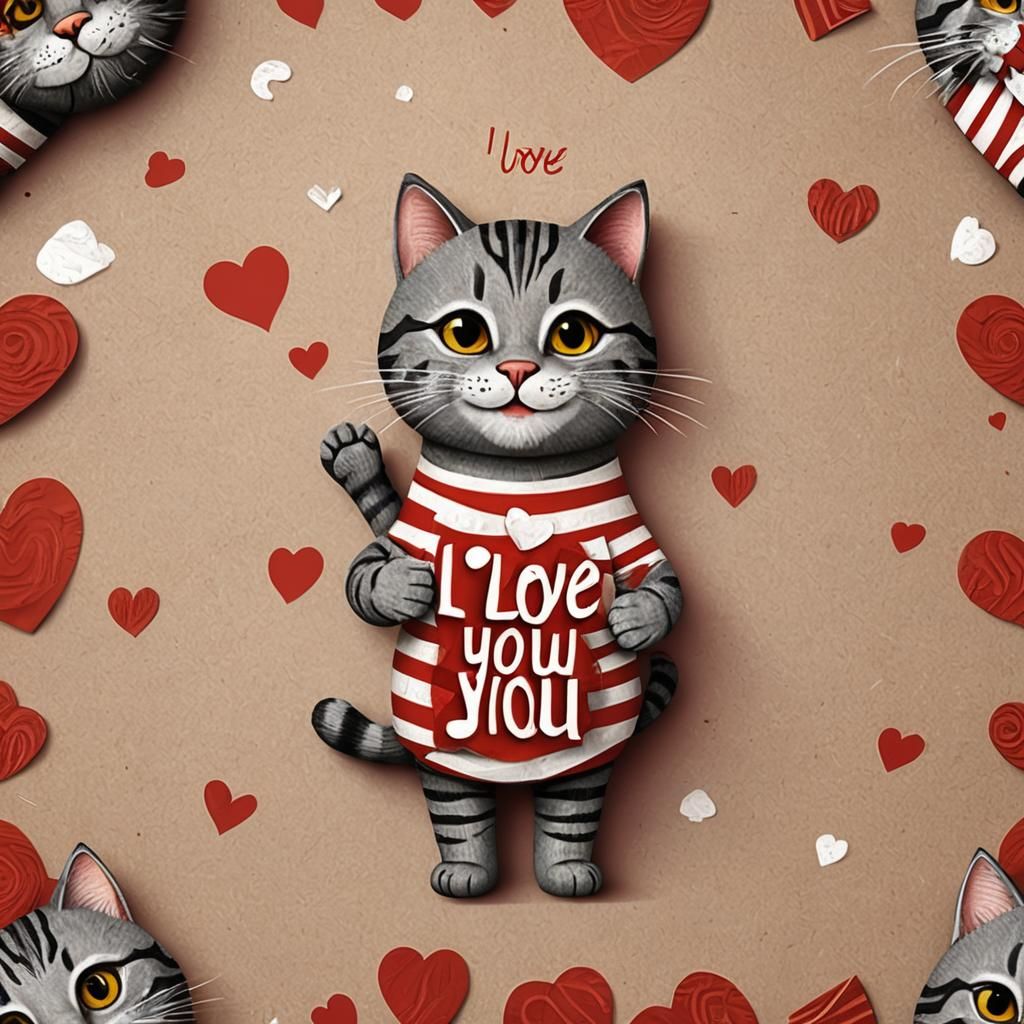 Smiling Kitten with I Love You Sign in 3D Style