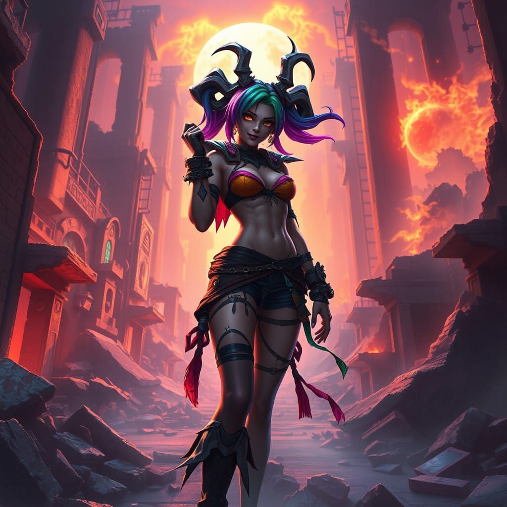 Jinx in Vibrant Ruins, Inspired by Futuristic Fantasy Concep...