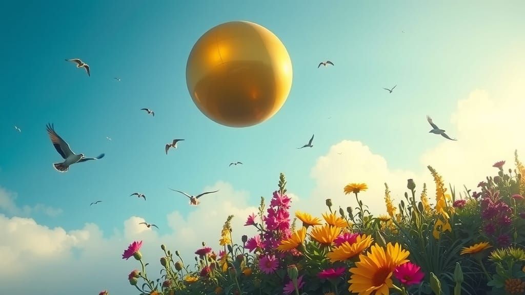 Surreal Yellow Orb Over Multicolored Flower Field