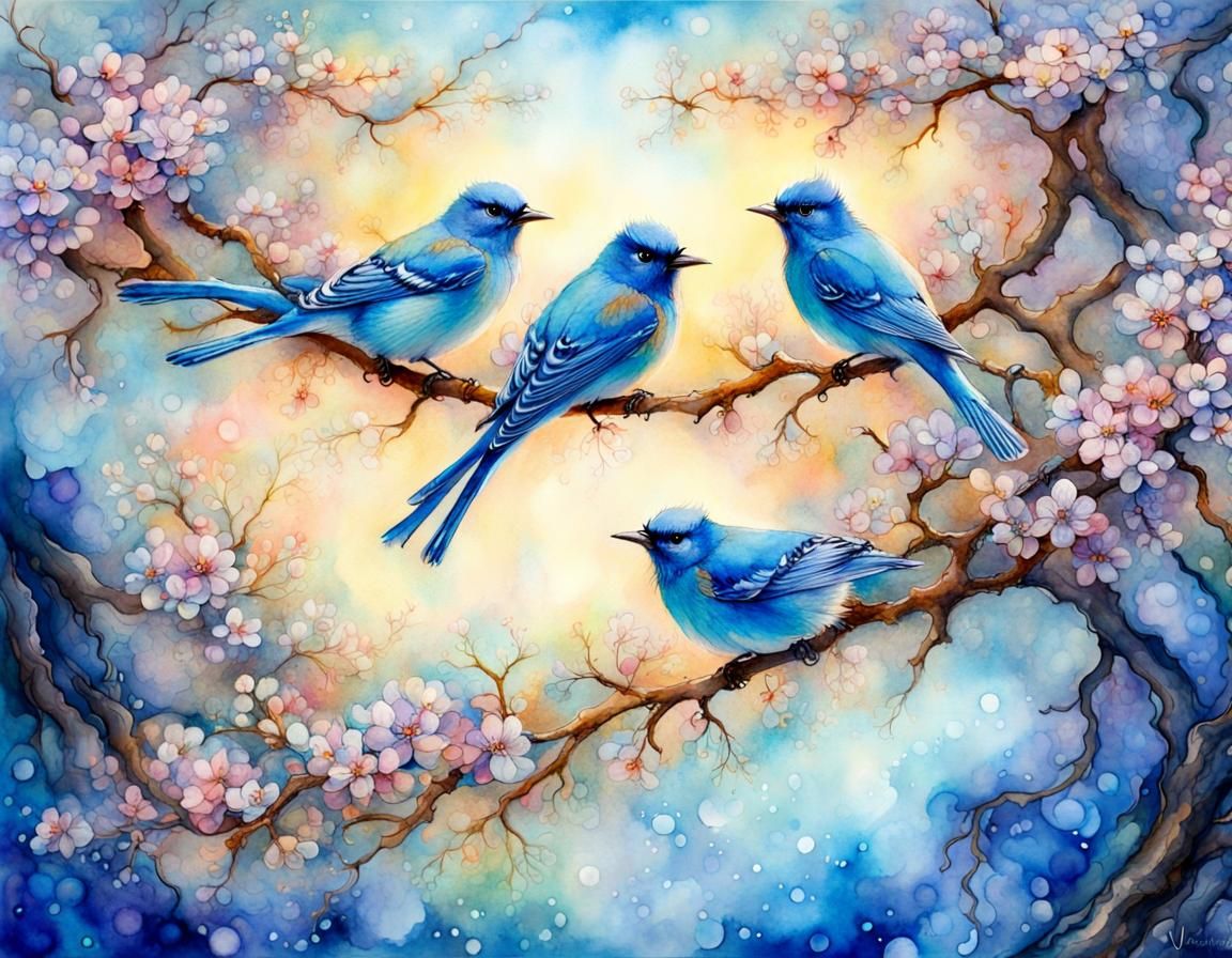 Bluebirds in Blue Blossom Tree: Watercolor Fantasy