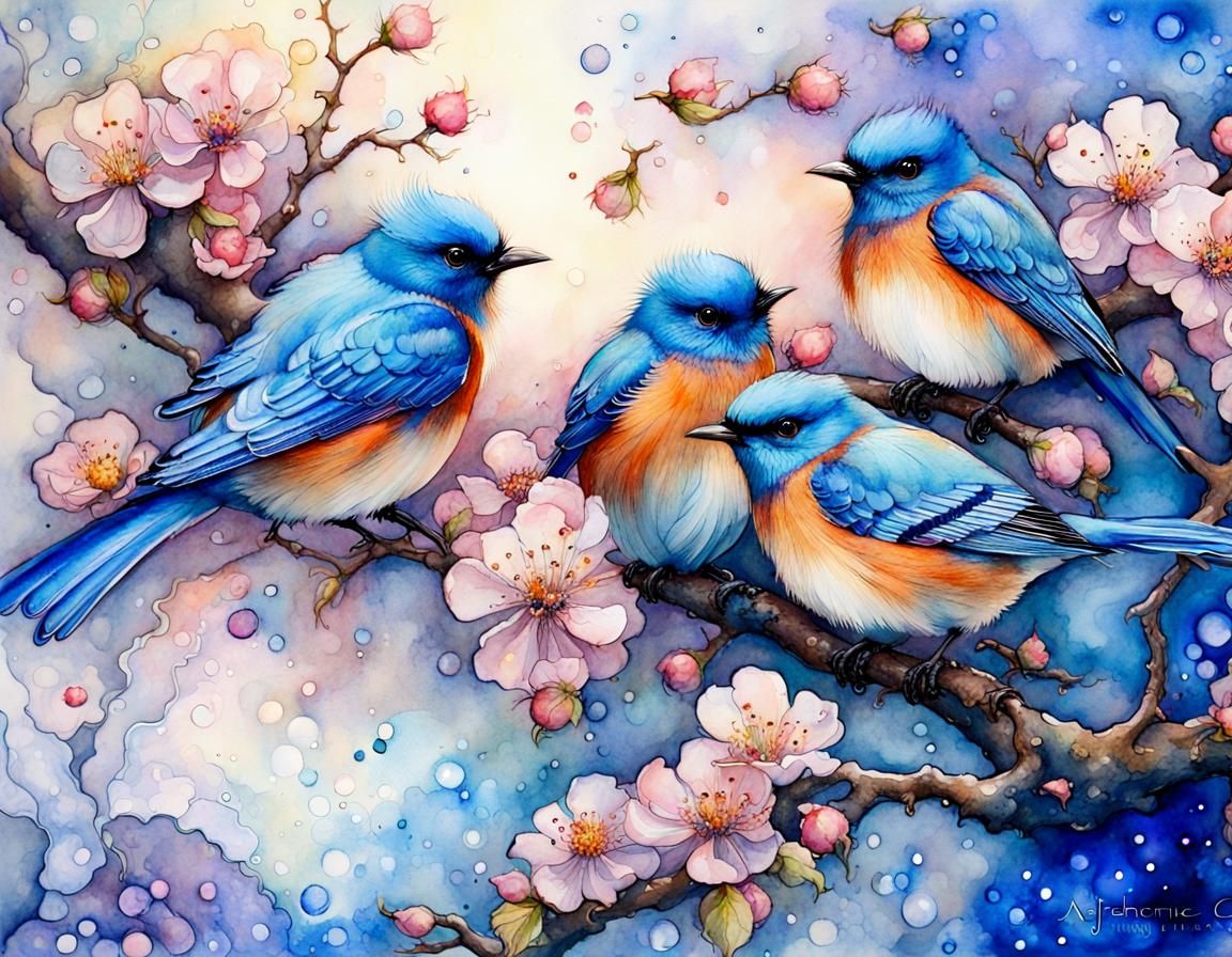 Bluebirds in Blue Blossom Tree Watercolor